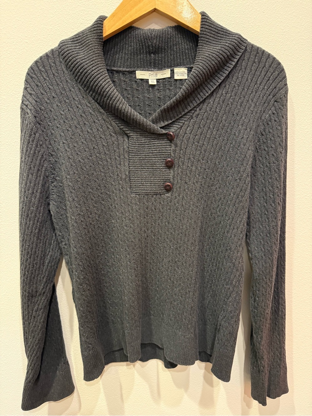 Pria Charcoal Rib-Knit V-Neck Button Pullover